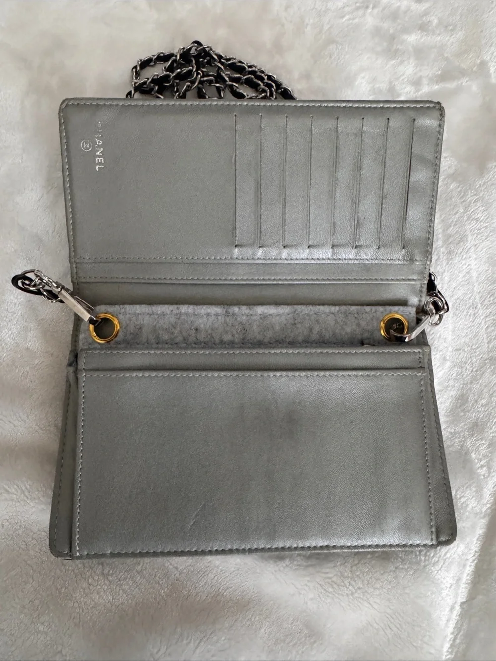 Authentic Chanel Black Camellia Quilted Leather Chain Wallet